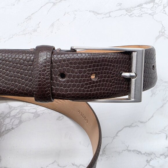 Martin Dingman Brown Leather Belt Mens 38 Lizard Calf Silver Buckle Handmade USA